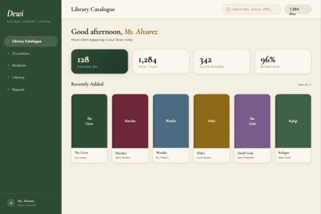 Dewi classroom library dashboard showing checked-out books and recently added titles
