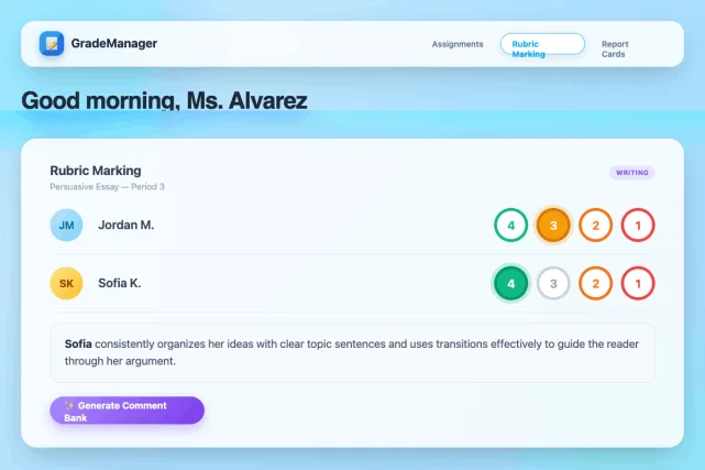 GradeManager rubric marking screen showing student scores and AI-generated feedback