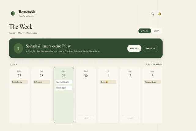 hometable weekly meal planner showing a calendar of planned dinners