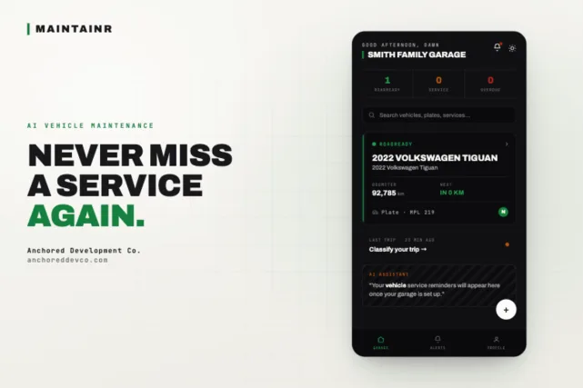 Maintainr app dashboard showing vehicle maintenance status and reminders