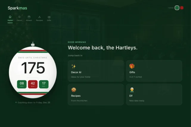 Sparkmas app home screen showing Christmas countdown and quick links to Decor AI, Gifts, Recipes, and Elf