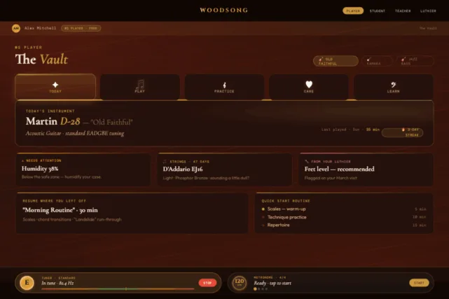 WoodSong player dashboard showing today's instrument and practice routine